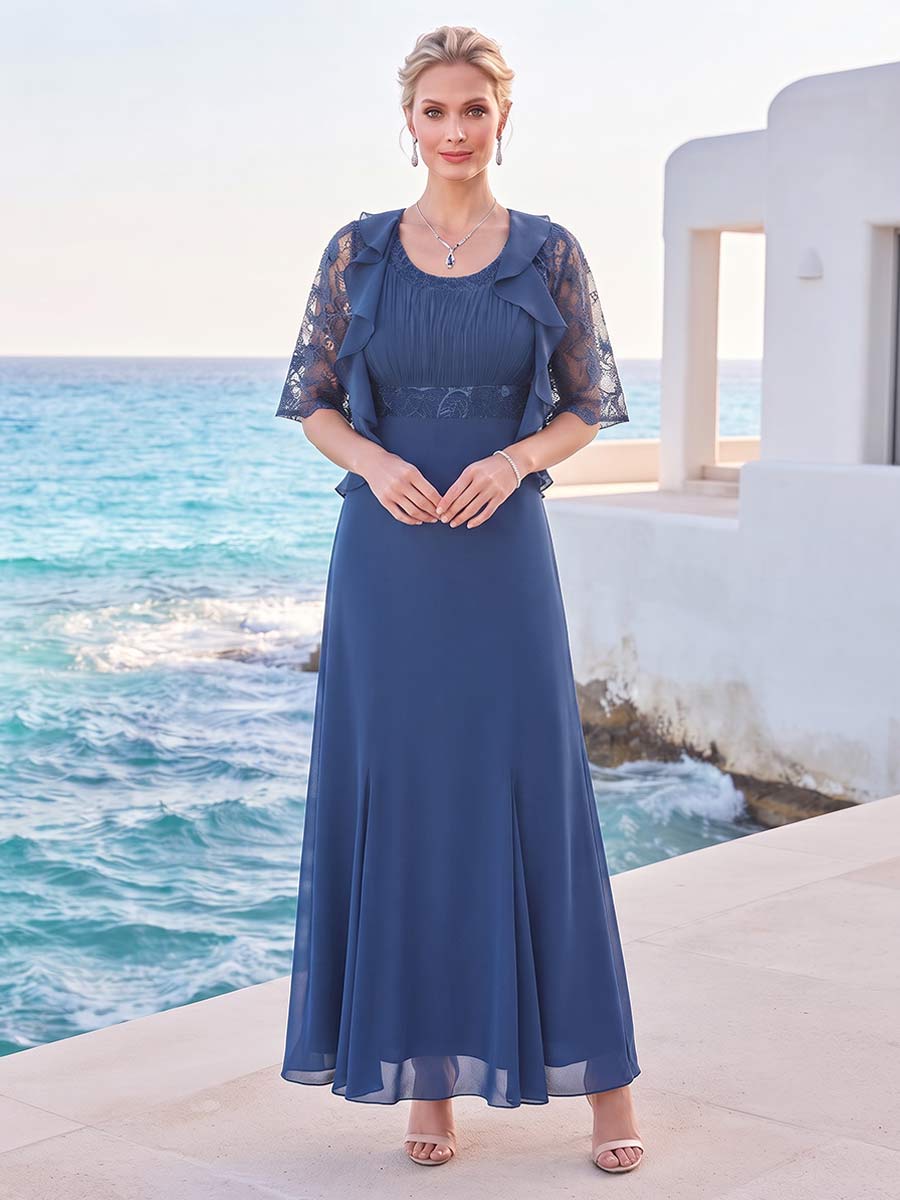 A-Line/Princess Scoop Half Sleeves Ankle-Length Mother of the Bride Dresses with Lace &amp; Appliques