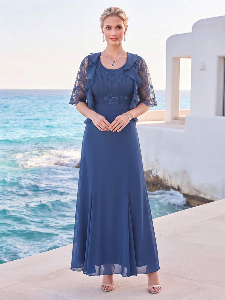 A-Line/Princess Scoop Half Sleeves Ankle-Length Mother of the Bride Dresses with Lace &amp; Appliques