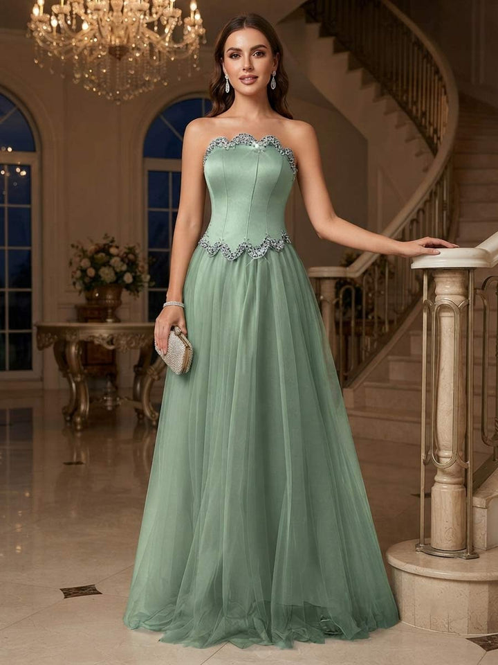 A-Line/Princess Strapless Sleeveless Floor-Length Evening Dresses with Rhinestone