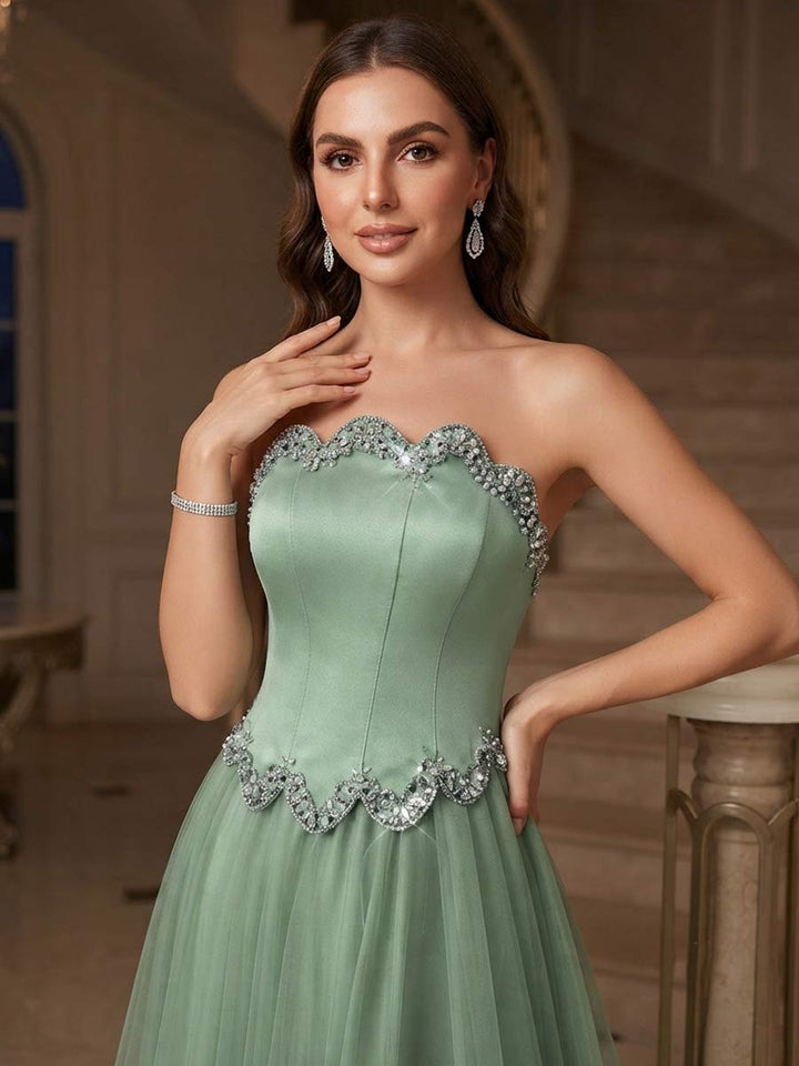 A-Line/Princess Strapless Sleeveless Floor-Length Evening Dresses with Rhinestone