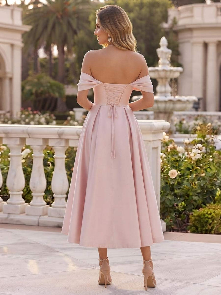 A-Line/Princess Off-the-Shoulder Sleeveless Tea-Length Cocktail Dresses With Pleats