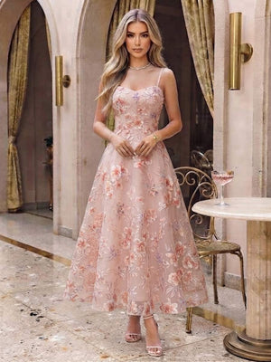 A-Line/Princess Square Neck Sleeveless Tea-Length Cocktail Dresses With Ruched & Flower