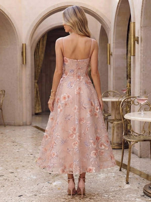 A-Line/Princess Square Neck Sleeveless Tea-Length Cocktail Dresses With Ruched & Flower