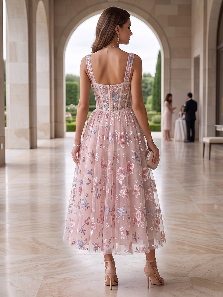 A-Line/Princess Square Neck Sleeveless Tea-Length Cocktail Dresses With Ruched &amp; Flower