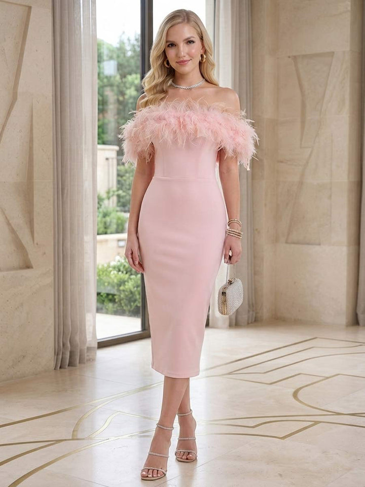 Sheath/Column Off-the-Shoulder Sleeveless Tea-Length Cocktail Dresses With Feather