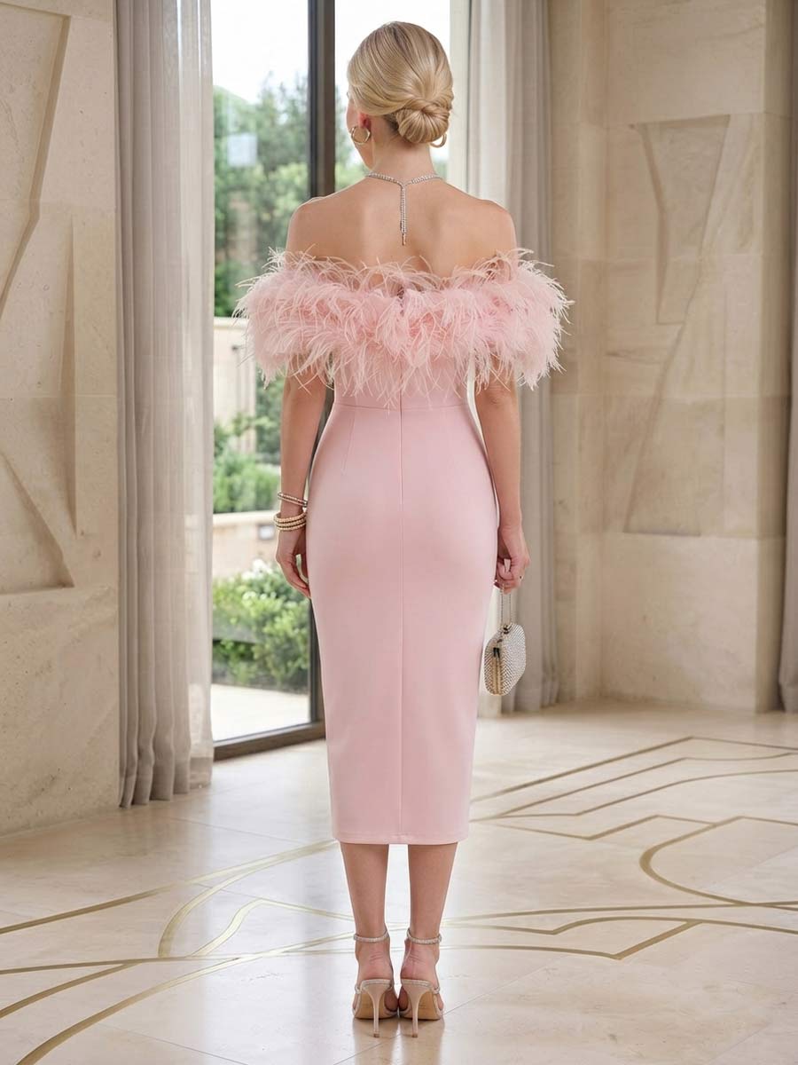 Sheath/Column Off-the-Shoulder Sleeveless Tea-Length Cocktail Dresses With Feather