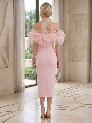 Sheath/Column Off-the-Shoulder Sleeveless Tea-Length Cocktail Dresses With Feather