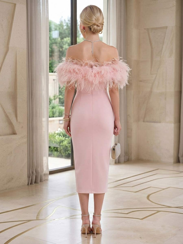 Sheath/Column Off-the-Shoulder Sleeveless Tea-Length Cocktail Dresses With Feather