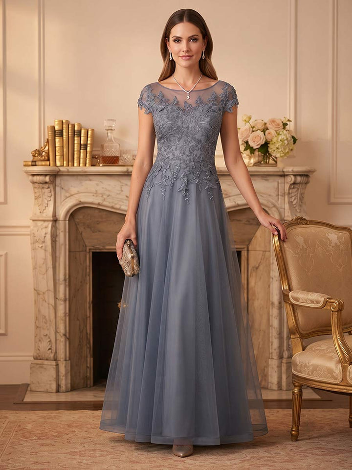 A-Line/Princess Scoop Cap Sleeves Floor-Length Mother of the Bride Dresses with Pockets &amp; Appliques