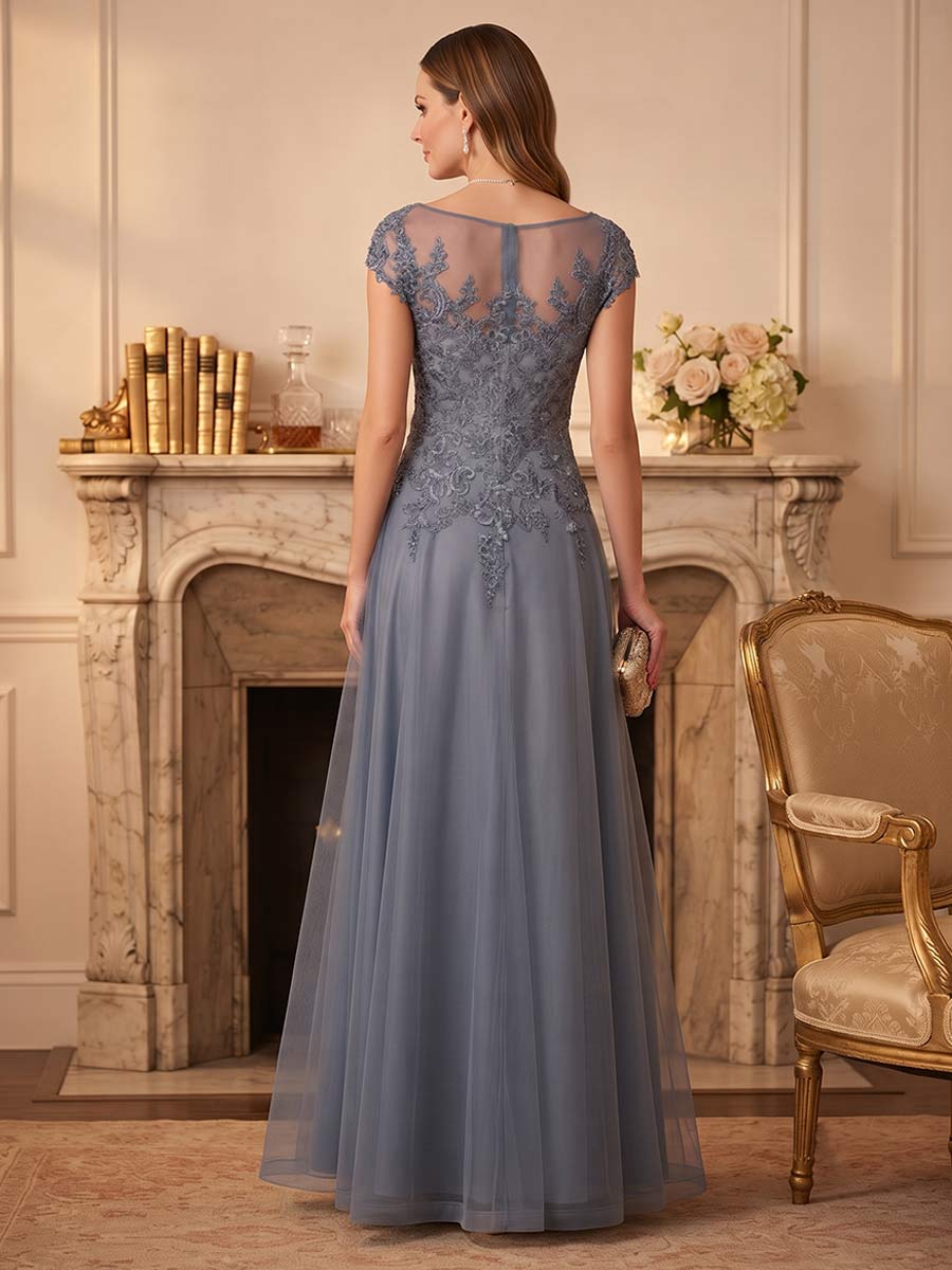 A-Line/Princess Scoop Cap Sleeves Floor-Length Mother of the Bride Dresses with Pockets &amp; Appliques