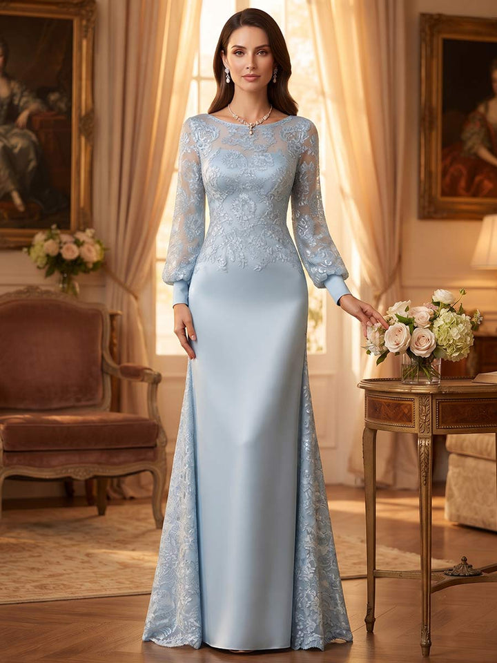 A-Line/Princess Long Sleeves Scoop Floor-Length Mother of the Bride Dresses with Sequins &amp; Applique