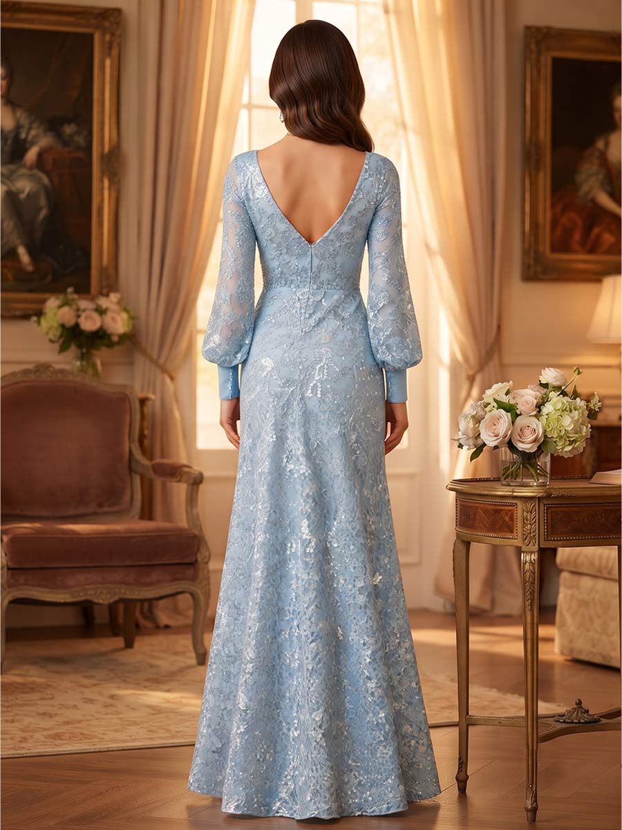 A-Line/Princess Long Sleeves Scoop Floor-Length Mother of the Bride Dresses with Sequins &amp; Applique