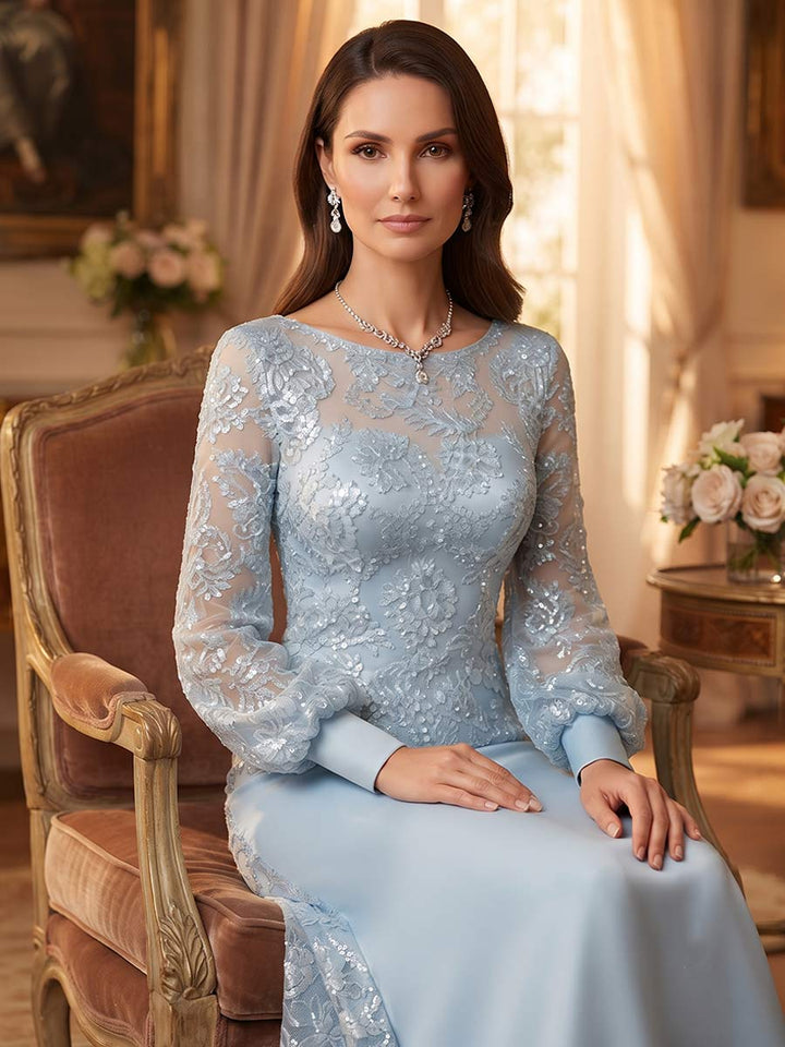A-Line/Princess Long Sleeves Scoop Floor-Length Mother of the Bride Dresses with Sequins &amp; Applique