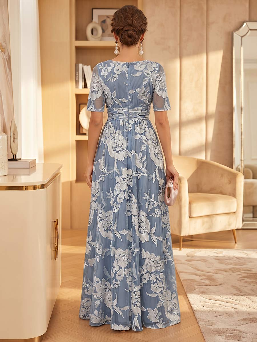 A-Line/Princess Short Sleeves V Neck Floor-Length Mother of the Bride Dresses with Floral