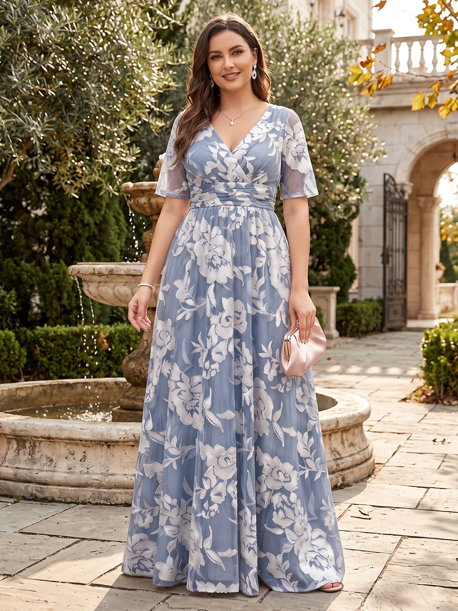A-Line/Princess V-Neck Short Sleeves Chiffon Floor-Length Plus Size Mother of the Bride Dresses with Florals