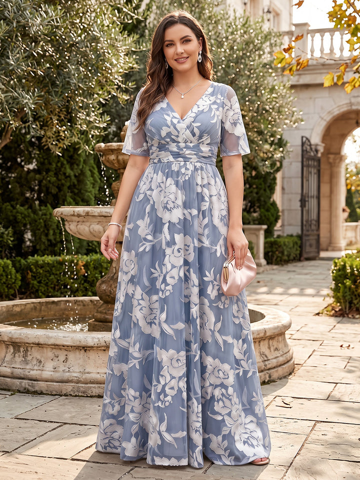 A-Line/Princess V-Neck Short Sleeves Chiffon Floor-Length Plus Size Mother of the Bride Dresses with Florals