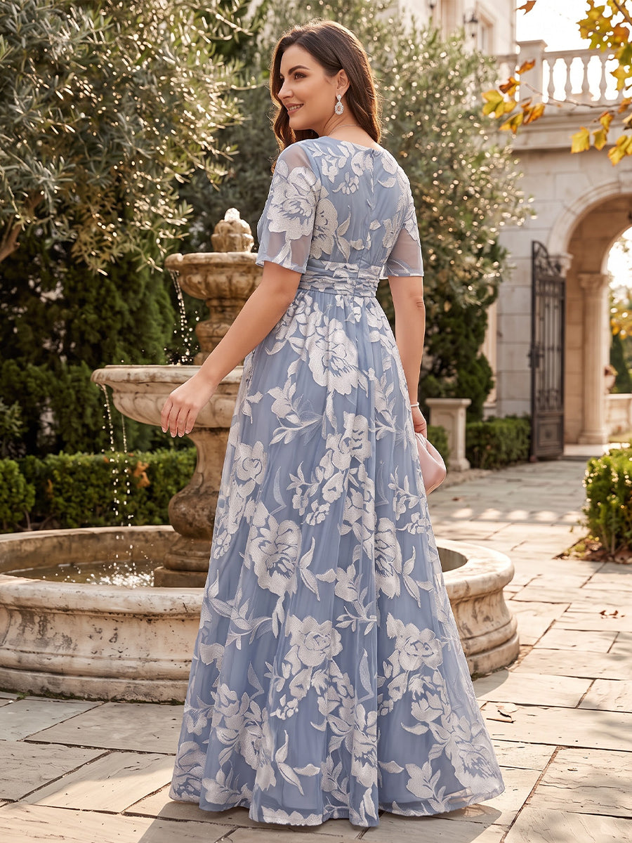 A-Line/Princess V-Neck Short Sleeves Chiffon Floor-Length Plus Size Mother of the Bride Dresses with Florals