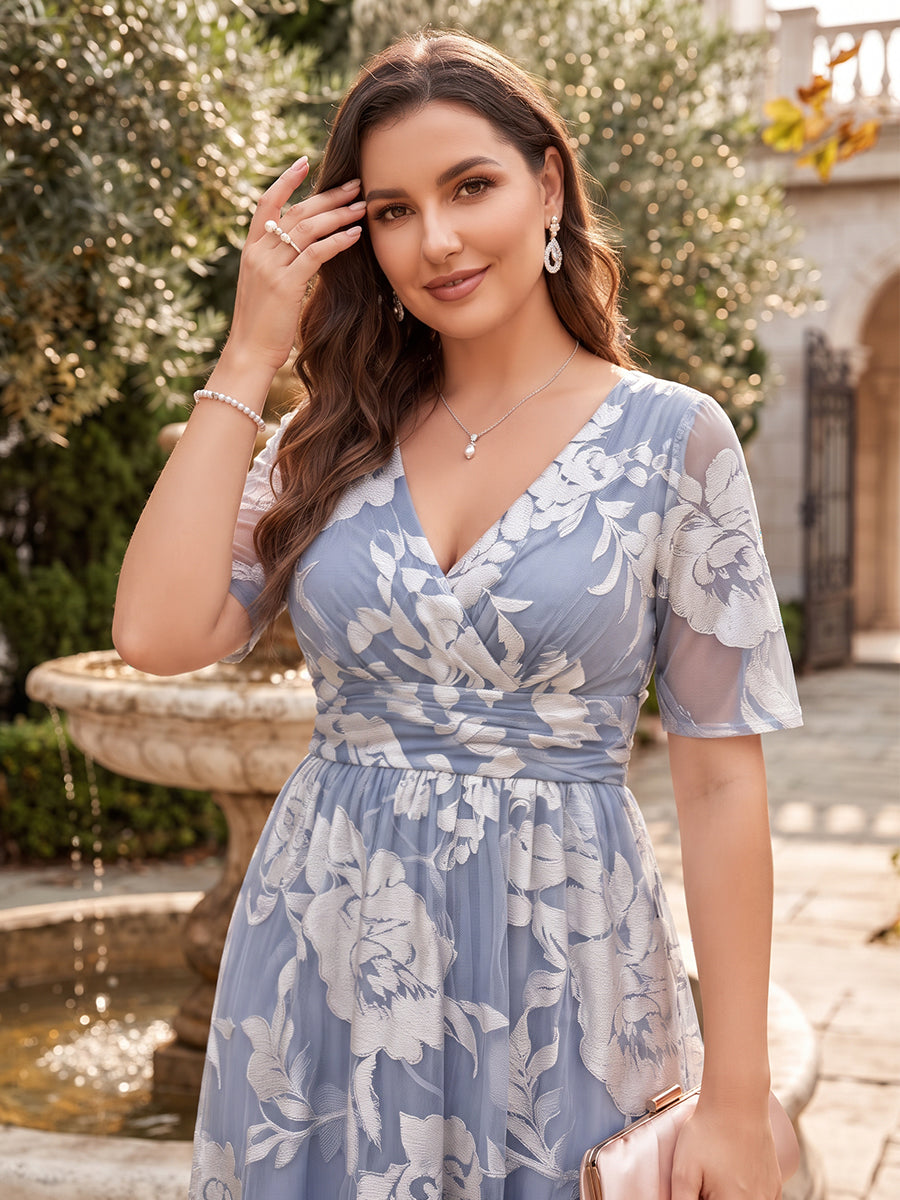 A-Line/Princess V-Neck Short Sleeves Chiffon Floor-Length Plus Size Mother of the Bride Dresses with Florals