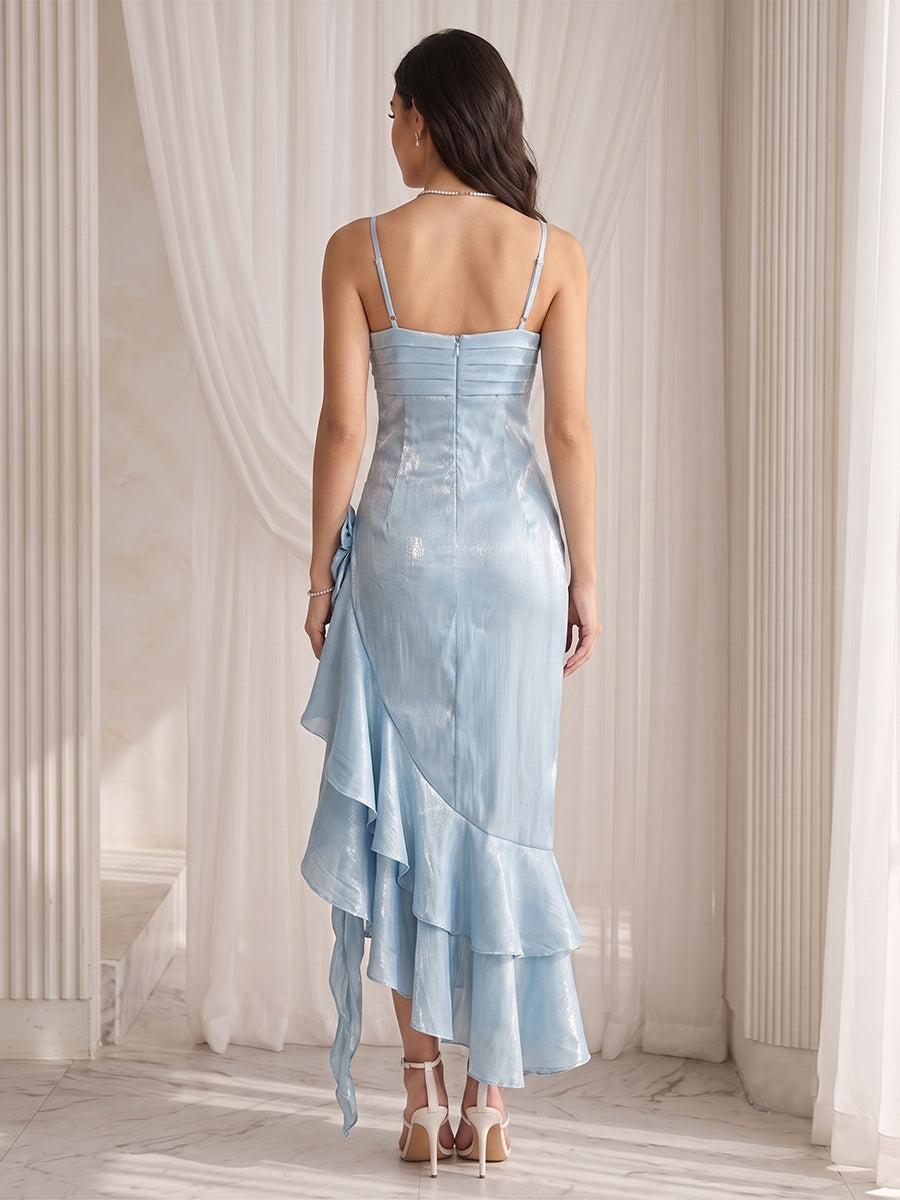 Trumpet/Mermaid Spaghetti Straps Sleeveless Asymmetrical Cocktail Dresses With 3D Floral &amp; Ruffles