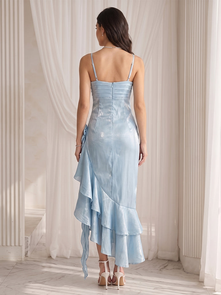 Trumpet/Mermaid Spaghetti Straps Sleeveless Asymmetrical Cocktail Dresses With 3D Floral &amp; Ruffles