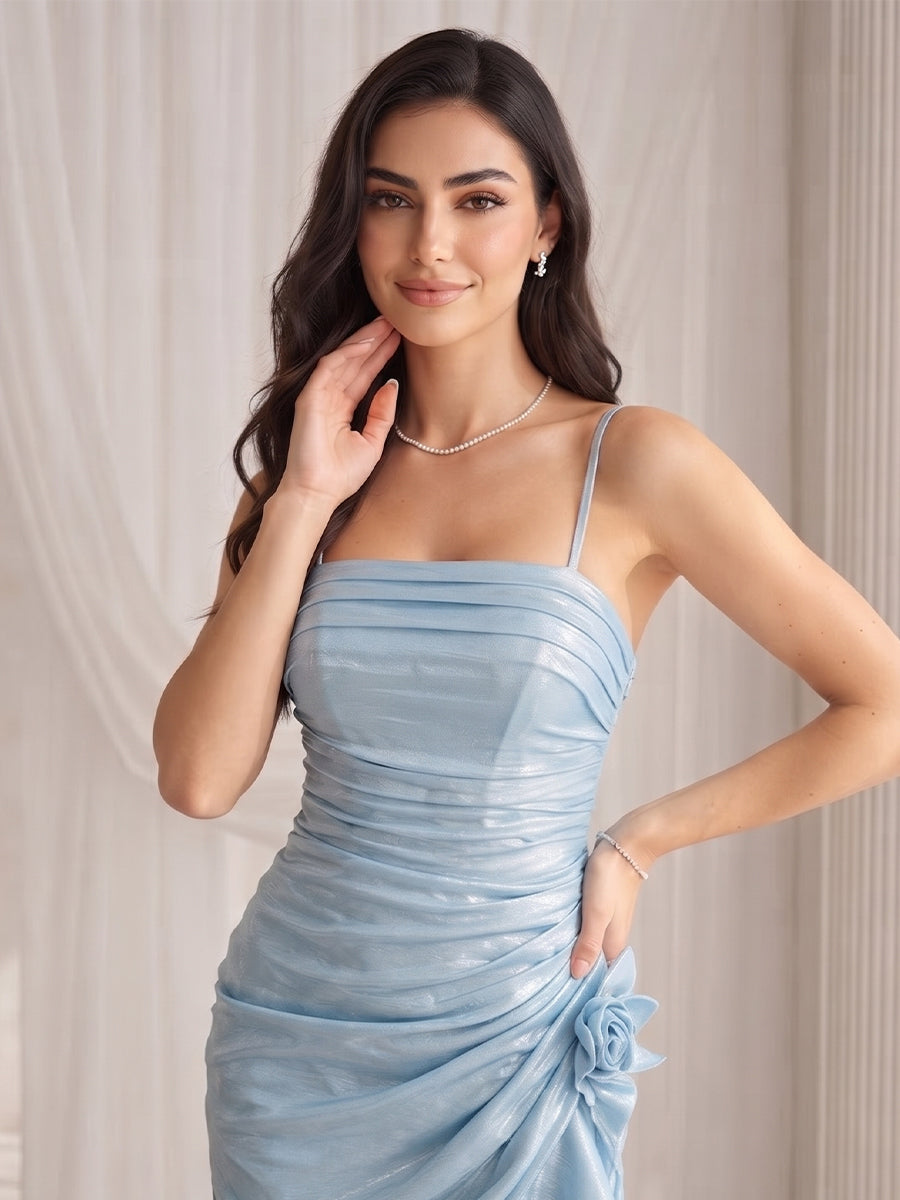 Trumpet/Mermaid Spaghetti Straps Sleeveless Asymmetrical Cocktail Dresses With 3D Floral &amp; Ruffles