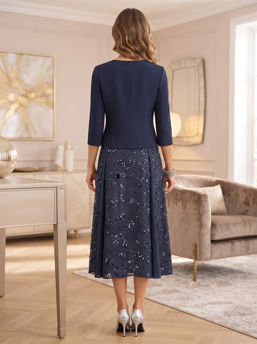 A-Line/Princess V-Neck Half Sleeves Tea-Length Mother of the Bride Dresses With Lace &amp; Beading