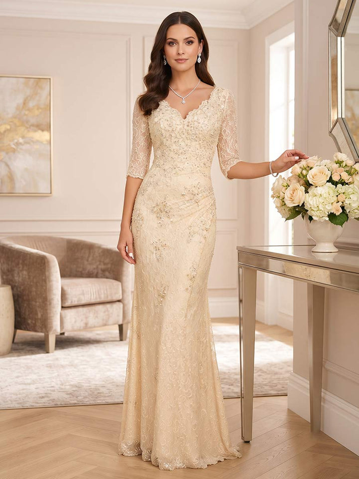 Mermaid Trumpet Half Sleeves V-neck Floor-length Mother of the Bride Dresses with Lace &amp; Appliques