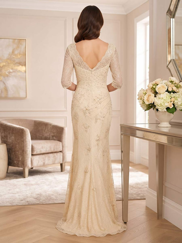 Mermaid Trumpet Half Sleeves V-neck Floor-length Mother of the Bride Dresses with Lace &amp; Appliques