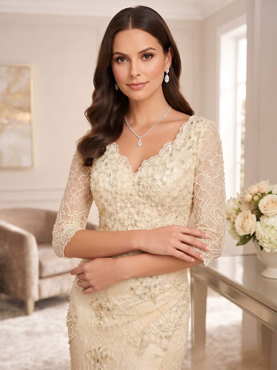 Mermaid Trumpet Half Sleeves V-neck Floor-length Mother of the Bride Dresses with Lace &amp; Appliques