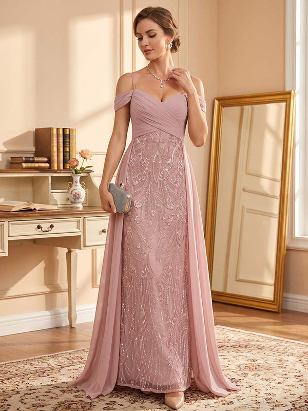 Sheath/Column Cold Shoulder Sleeveless Floor-Length Mother of the Bride Dresses With Beading & Sequins