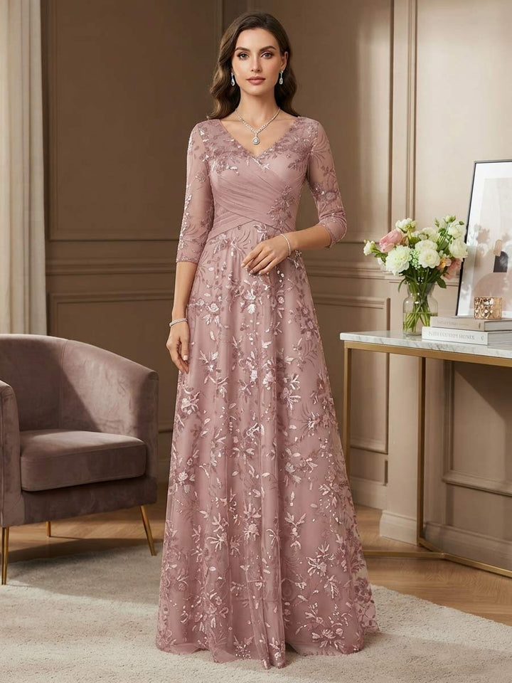 A-Line/Princess V-Neck 3/4 Sleeves Floor-Length Mother of the Bride Dresses with Lace &amp; Embroidery