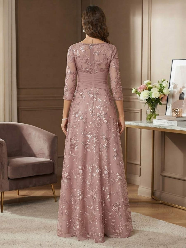 A-Line/Princess V-Neck 3/4 Sleeves Floor-Length Mother of the Bride Dresses with Lace &amp; Embroidery