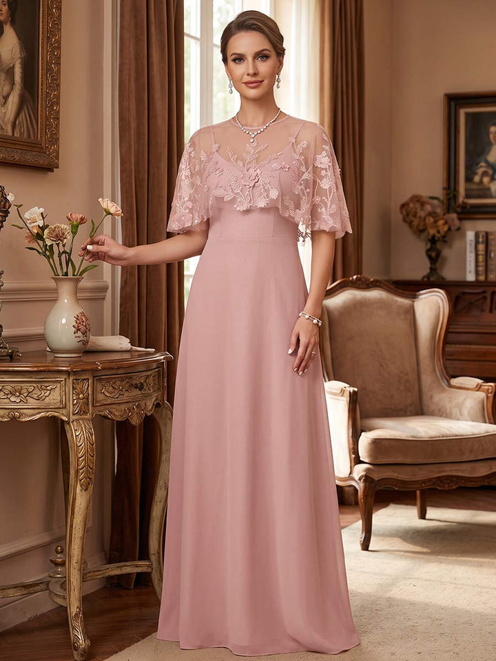 A-Line/Princess Scoop Cape Sleeves Floor-Length Mother of the Bride Dresses with Applique &amp; Lace