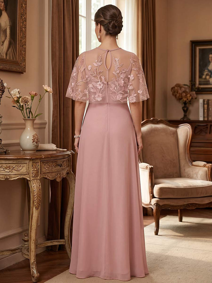 A-Line/Princess Scoop Cape Sleeves Floor-Length Mother of the Bride Dresses with Applique &amp; Lace