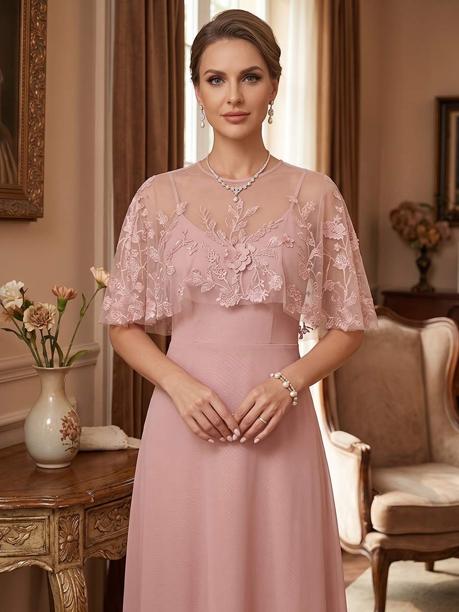 A-Line/Princess Scoop Cape Sleeves Floor-Length Mother of the Bride Dresses with Applique &amp; Lace