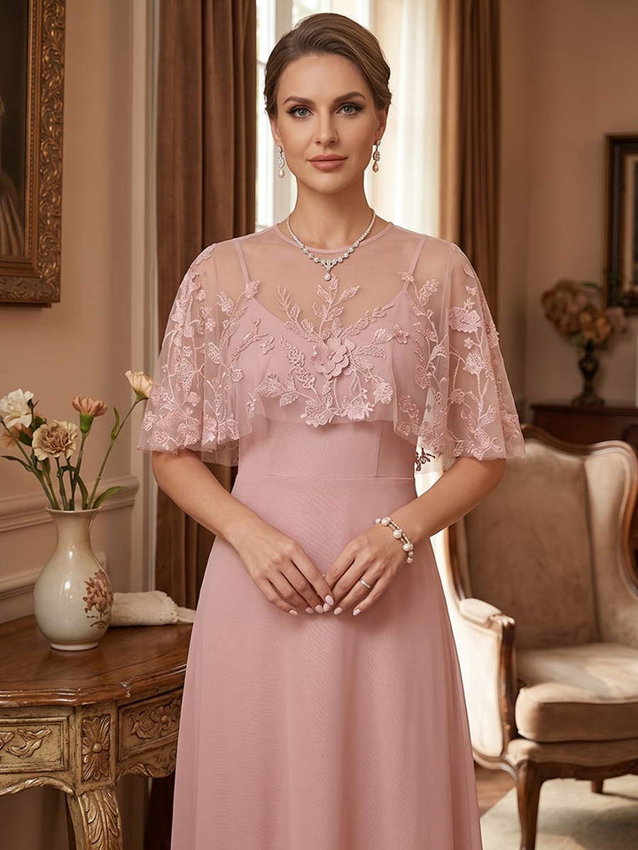 A-Line/Princess Scoop Cape Sleeves Floor-Length Mother of the Bride Dresses with Applique &amp; Lace
