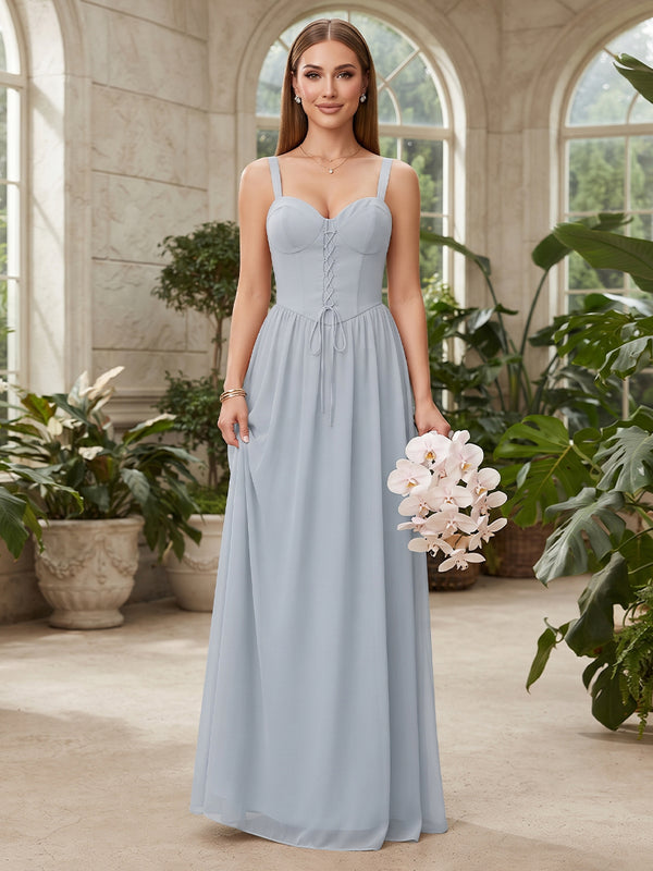 A-Line/Princess Spaghetti Straps Sleeveless Floor-Length Chiffon Bridesmaid Dresses with Bowknot