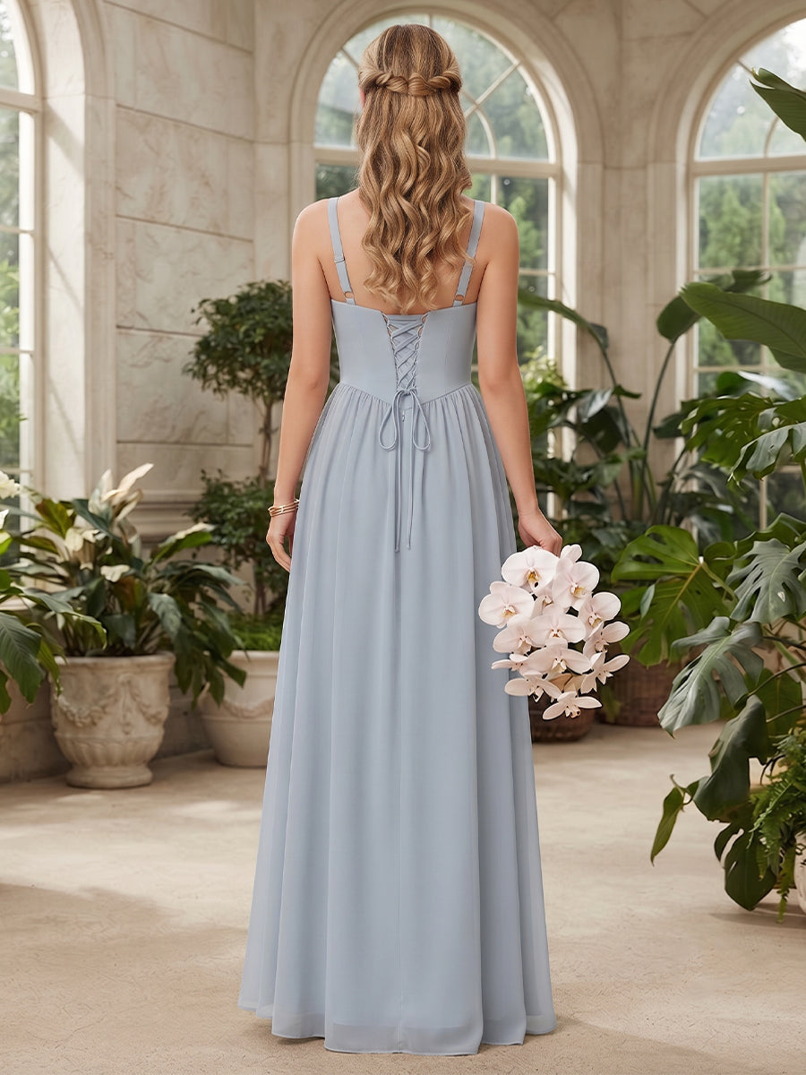 A-Line/Princess Spaghetti Straps Sleeveless Floor-Length Chiffon Bridesmaid Dresses with Bowknot
