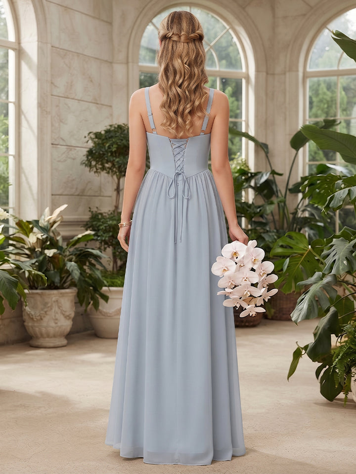 A-Line/Princess Spaghetti Straps Sleeveless Floor-Length Chiffon Bridesmaid Dresses with Bowknot