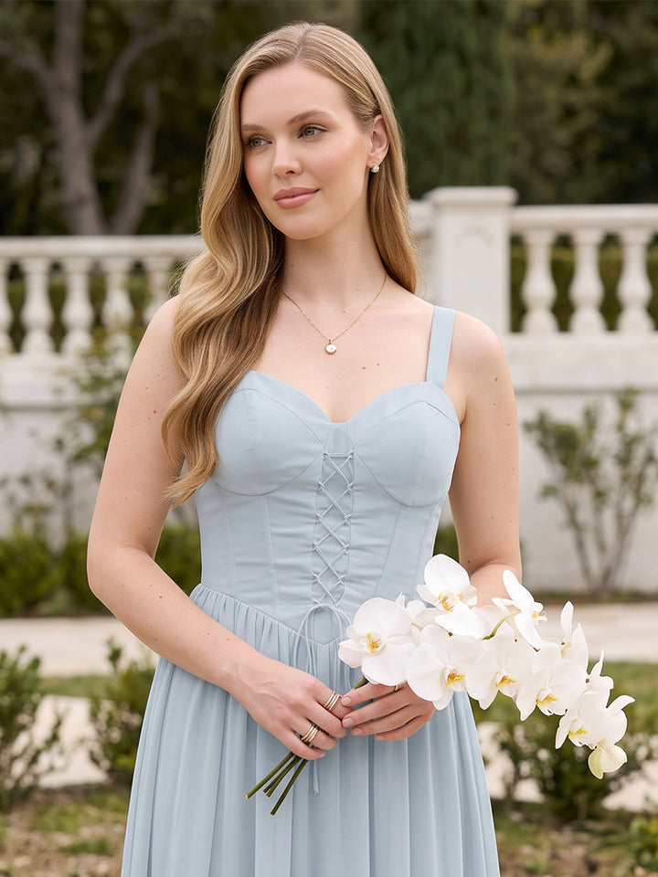 A-Line/Princess Spaghetti Straps Sleeveless Floor-Length Chiffon Bridesmaid Dresses with Bowknot