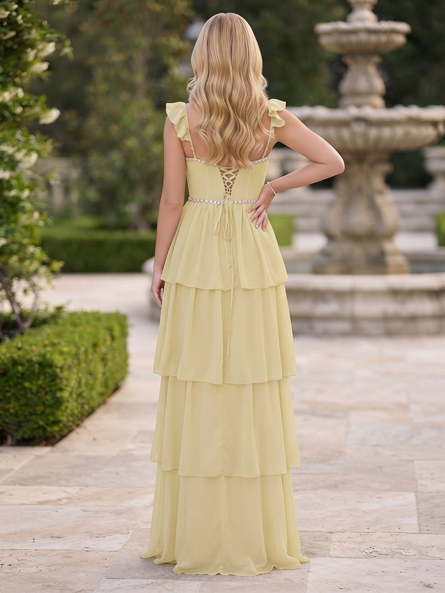 Lavetir A-Line/Princess Spaghetti Straps Flying Sleeves Floor-Length Tiered Bridesmaid Dresses with Ruffles 2026