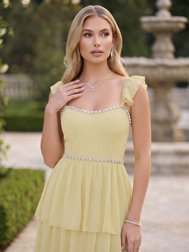 A-Line/Princess Spaghetti Straps Flying Sleeves Floor-Length Tiered Bridesmaid Dresses with Ruffles
