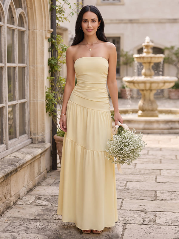 A-Line/Princess Strapless Sleeveless Floor-Length Ruched Bridesmaid Dresses