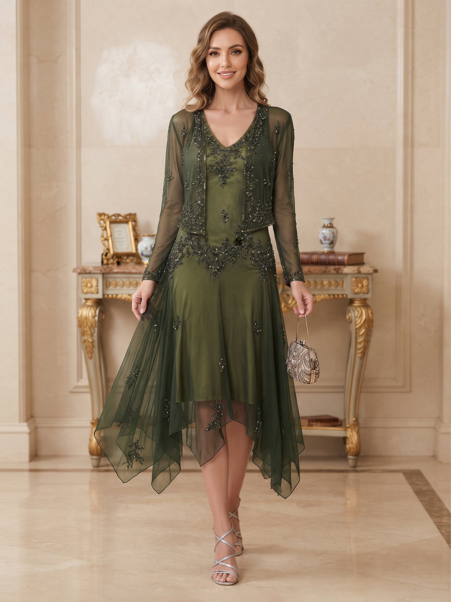 A-Line/Princess V-Neck Short Sleeves Chiffon  Tea-Length Mother of the Bride Dresses with Beading