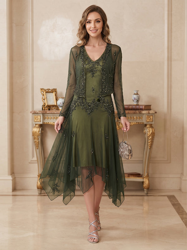 A-Line/Princess V-Neck Short Sleeves Chiffon  Tea-Length Mother of the Bride Dresses with Beading