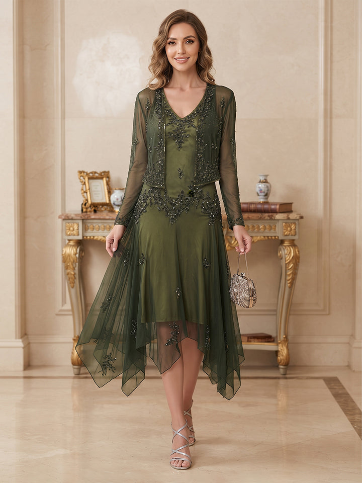 A-Line/Princess V-Neck Short Sleeves Chiffon  Tea-Length Mother of the Bride Dresses with Beading