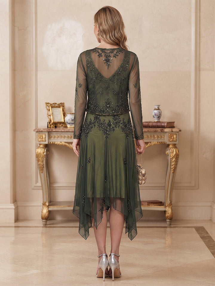 A-Line/Princess V-Neck Short Sleeves Chiffon  Tea-Length Mother of the Bride Dresses with Beading