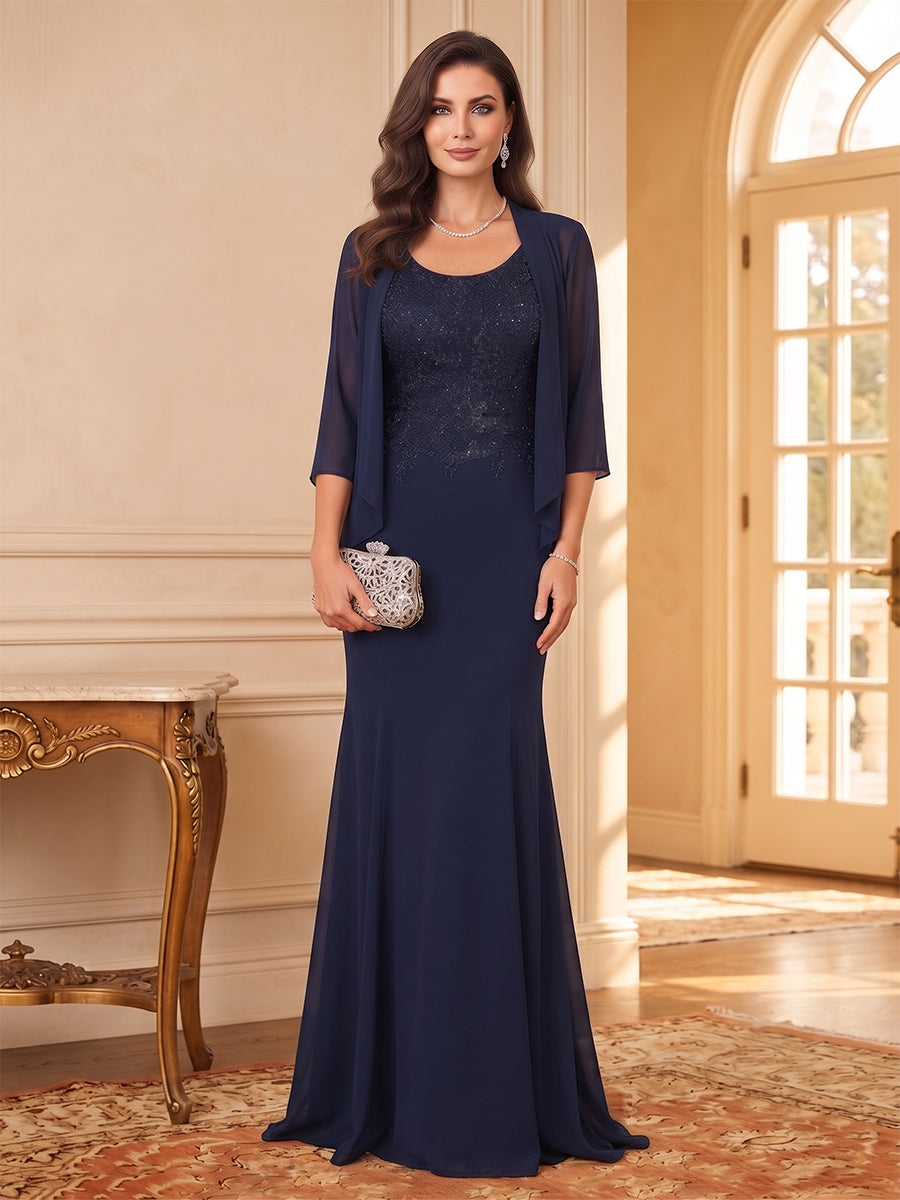 Sheath/Column Scoop3/4 Sleeves Chiffon Floor-Length Mother of the Bride Dresses with Applique