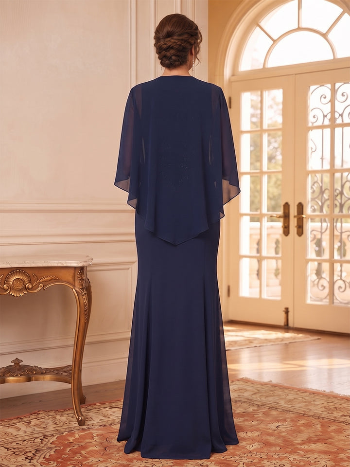 Sheath/Column Scoop3/4 Sleeves Chiffon Floor-Length Mother of the Bride Dresses with Applique
