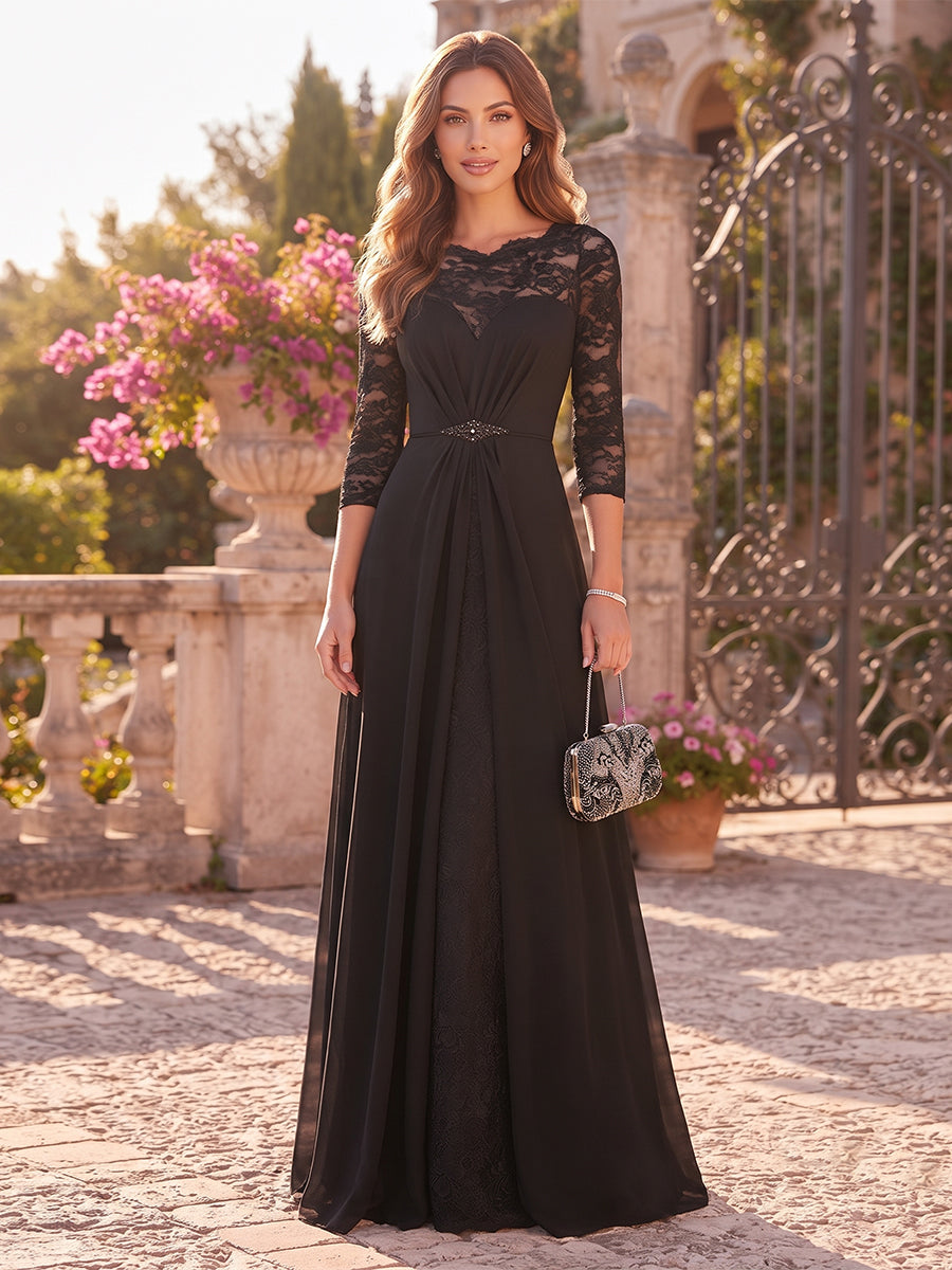 A-Line/Princess Scoop Long Sleeves Chiffon Floor-Length Mother of the Bride Dresses with Applique &amp; Blet